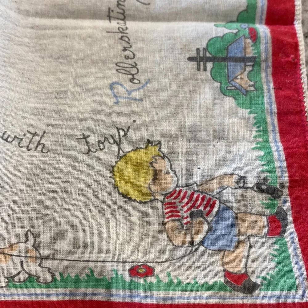 Vintage Children’s Illustration Handkerchief with Red Border!